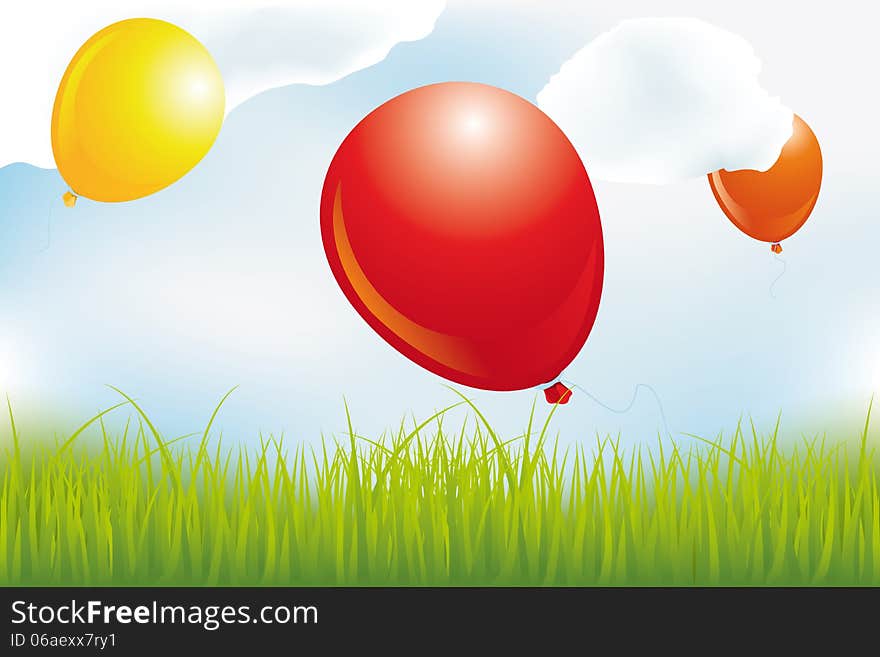 Balloons over meadow in clouds