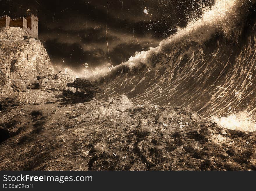 Apocalyptic dramatic background - giant tsunami waves, old fortress, tower. Dark stormy sky. Apocalyptic dramatic background - giant tsunami waves, old fortress, tower. Dark stormy sky.