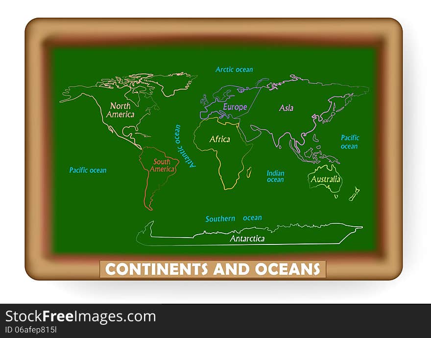 World map drawing on the classroom blackboard. Geography background. World map drawing on the classroom blackboard. Geography background