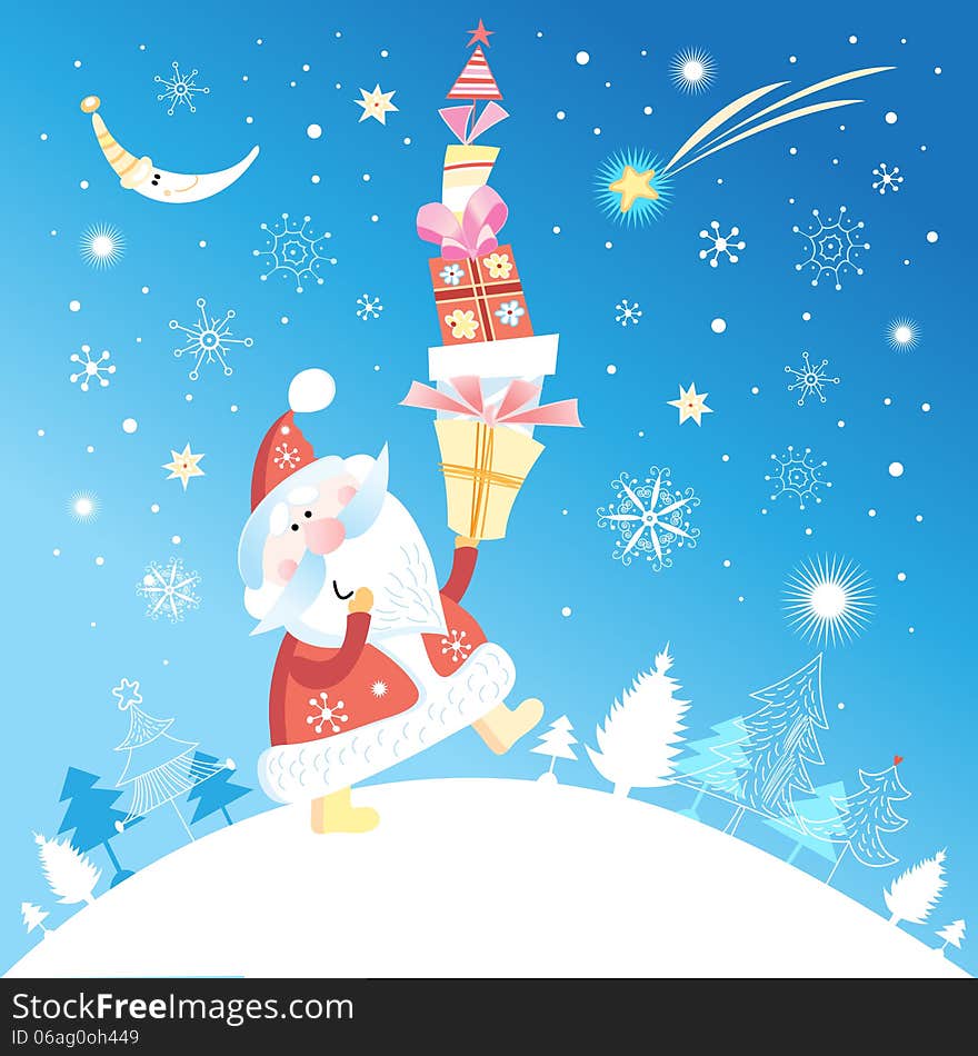 Merry Christmas card with Santa Claus and gifts on blue snowy background