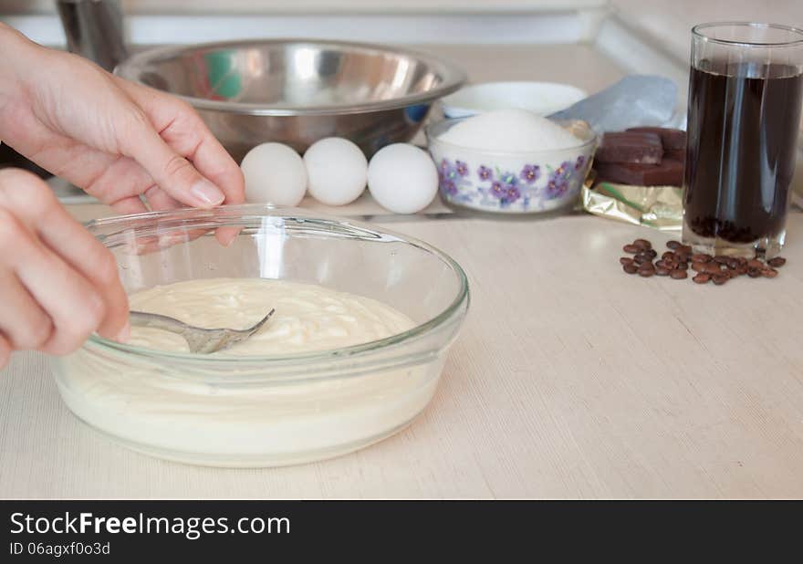 Cooking Tiramisu. Ingredients. Preparing a cream