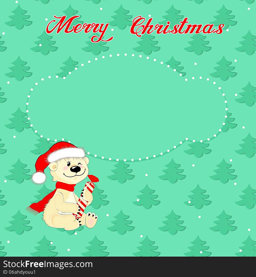 Greeting Christmas card with a little polar bear on the background of trees. Greeting Christmas card with a little polar bear on the background of trees