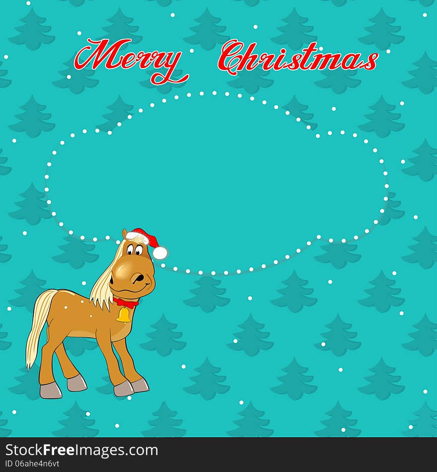 Greeting Christmas card with a horse on the background of trees. Greeting Christmas card with a horse on the background of trees