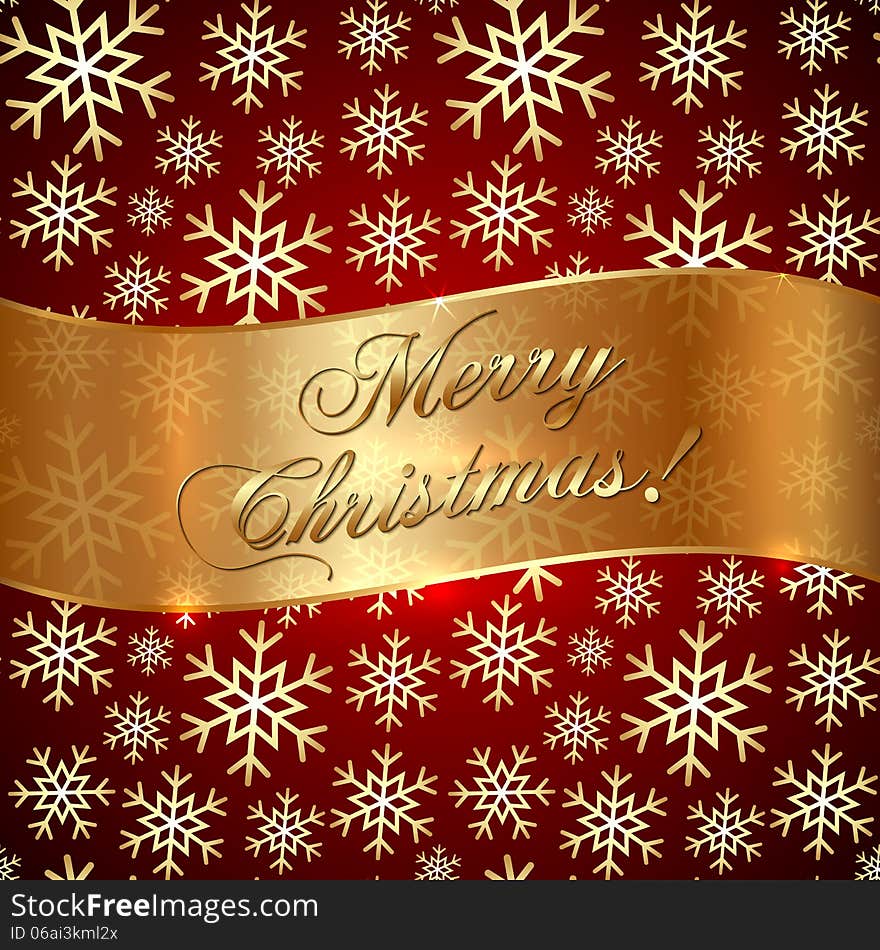 Vector Red Background with Snowflakes and Greeting Ribbon