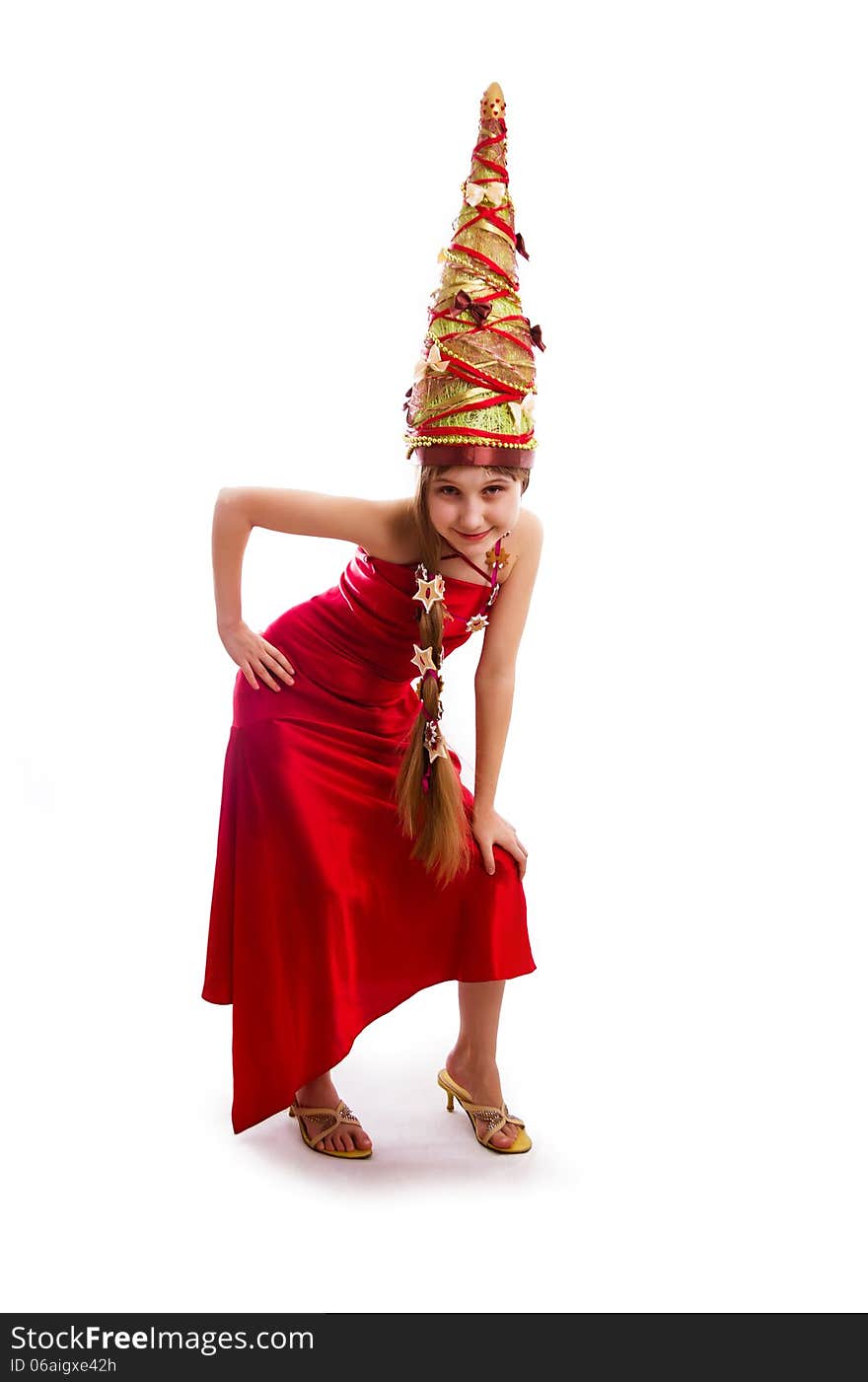 The Christmas girl in a carnival red dress