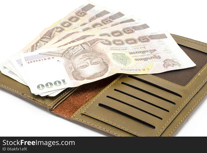 Thai Banknote In Brown Wallet