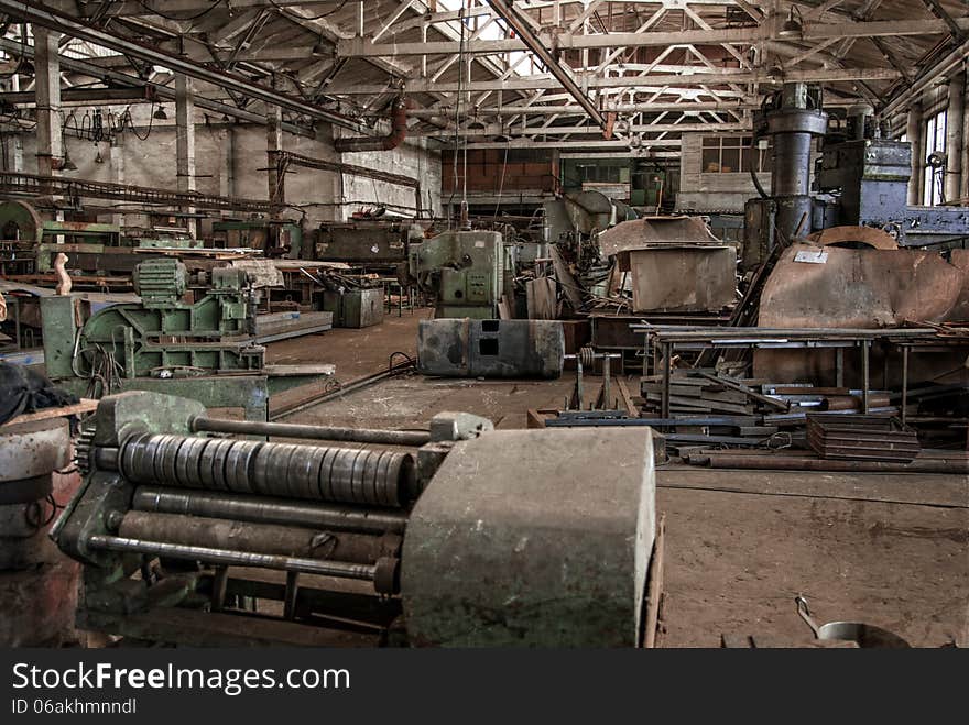 Color old and abandoned factory building interior.