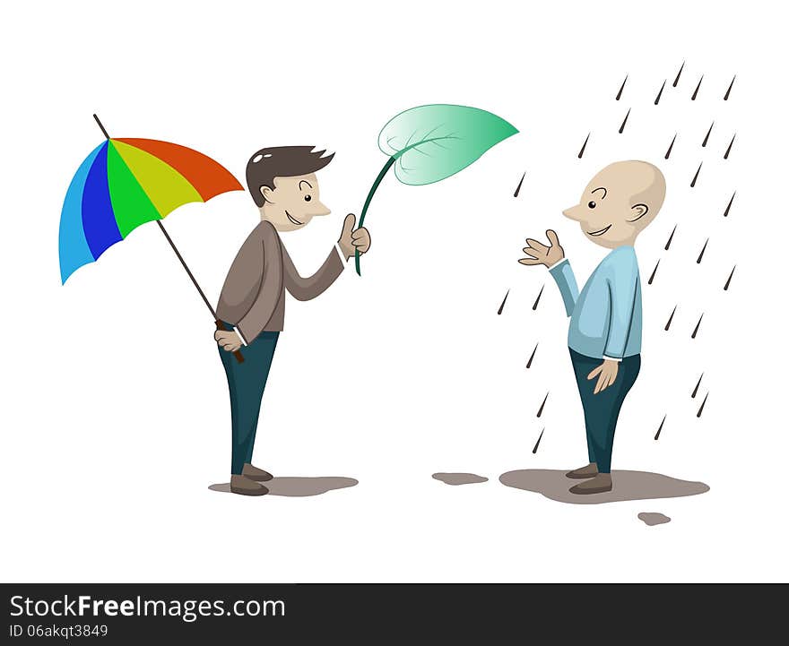 Man give the leaf to another man for rain protection