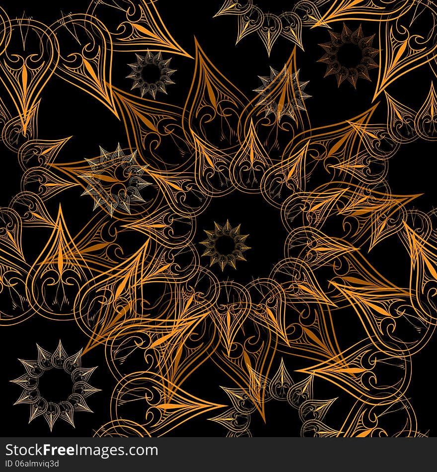 Seamless star pattern with stars against black background drawn in hand made style