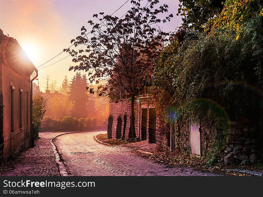 Morning cobbled street in old town