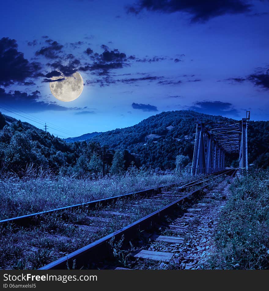 Night Rail Metal Bridge In Mountains