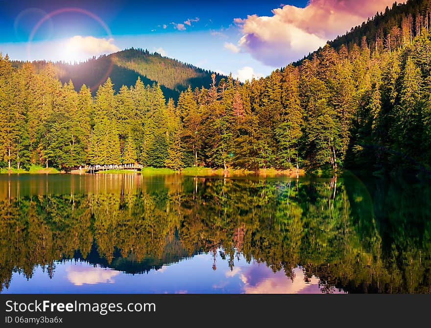 Mountain lake in evening