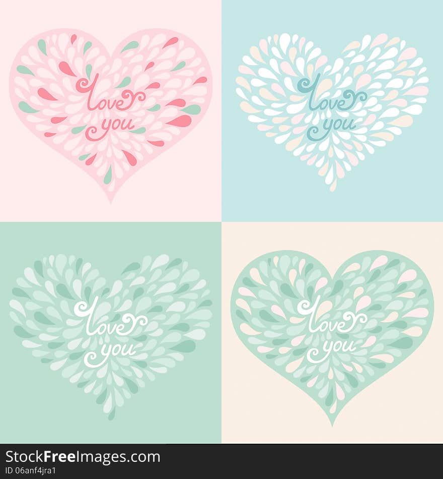 Vector set. Valentine hearts with text love you