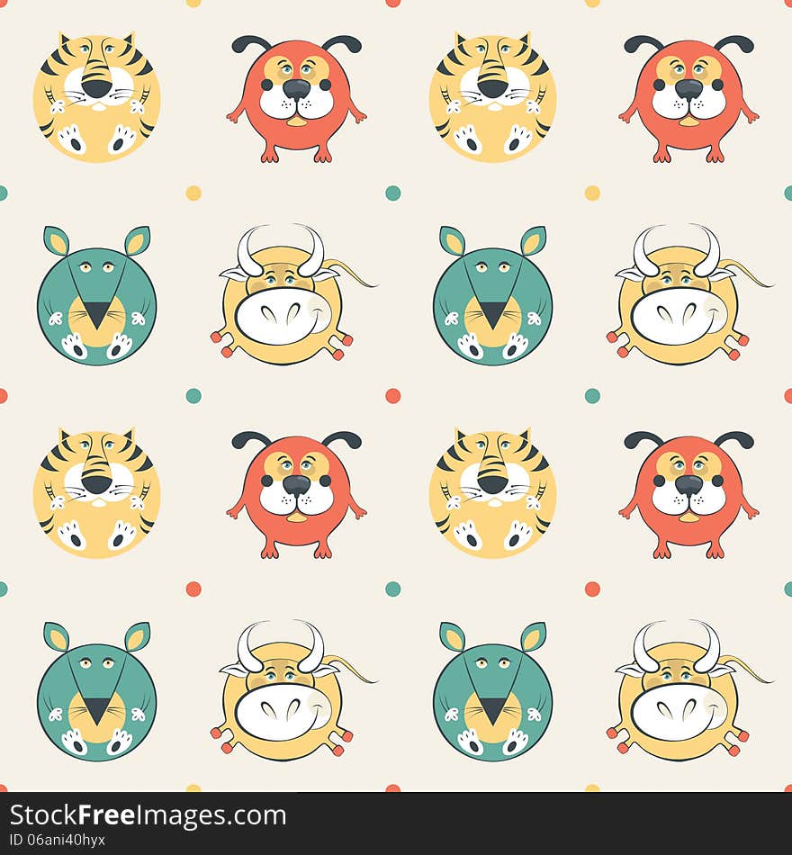 Colored pets pattern with cat, dog, mouse and cow