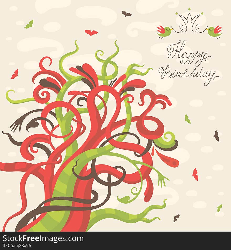 Happy birthday greeting card with colored tree. Vector illustration