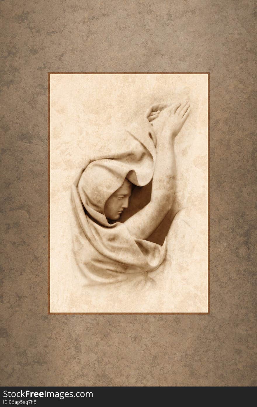 Classical mourning female figure rendered as antique sepia tone print framed against a dark brown vellum texture background. Classical mourning female figure rendered as antique sepia tone print framed against a dark brown vellum texture background.