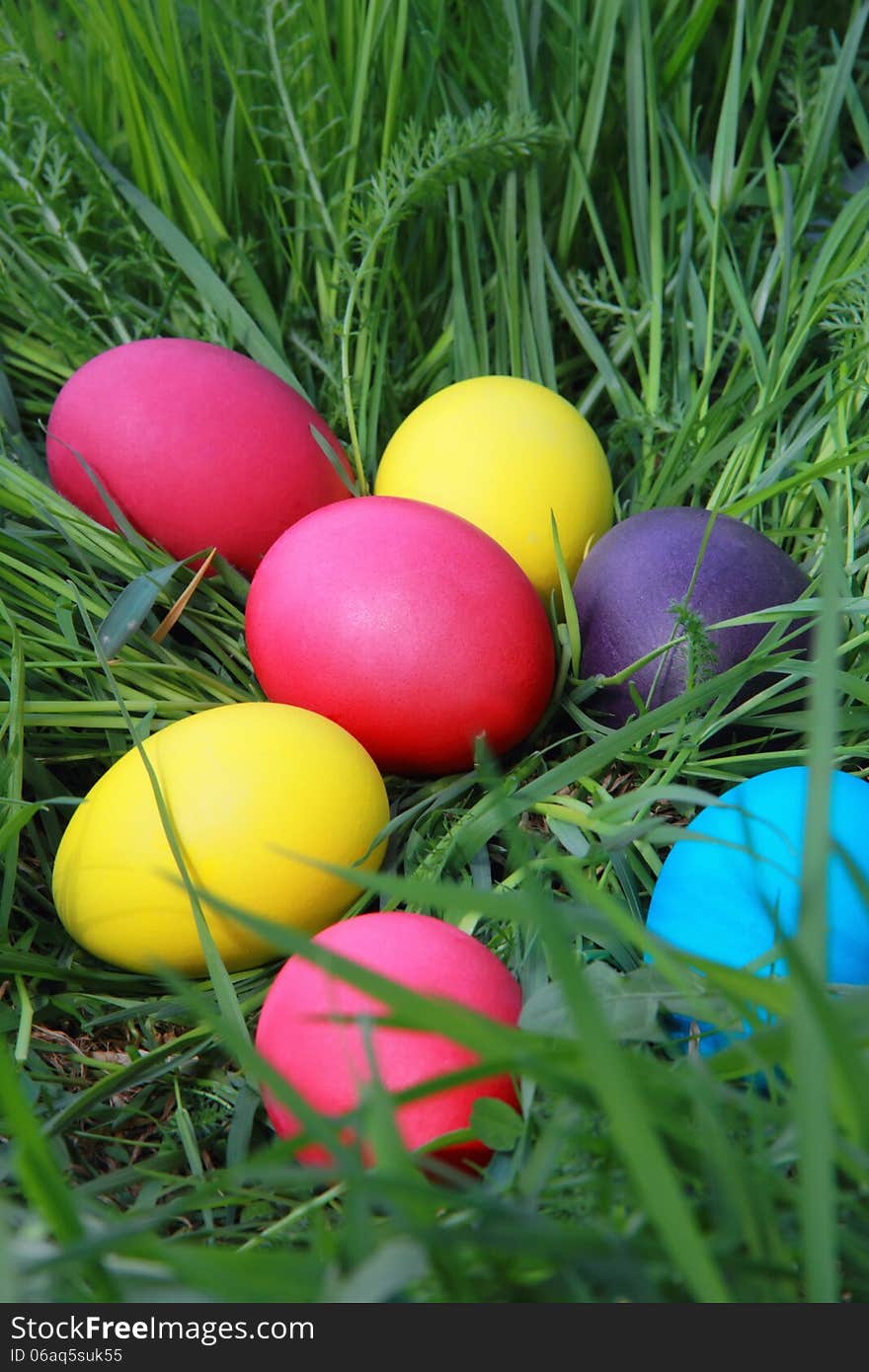 Multicolored Easter eggs on the grass close up