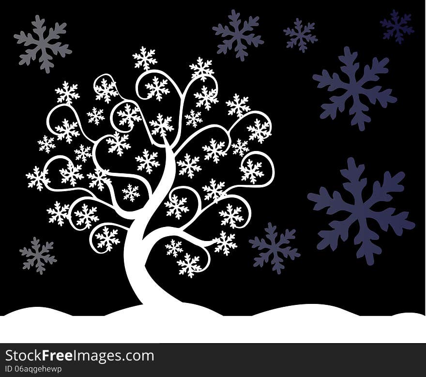 Illustration of a winter tree silhouette.