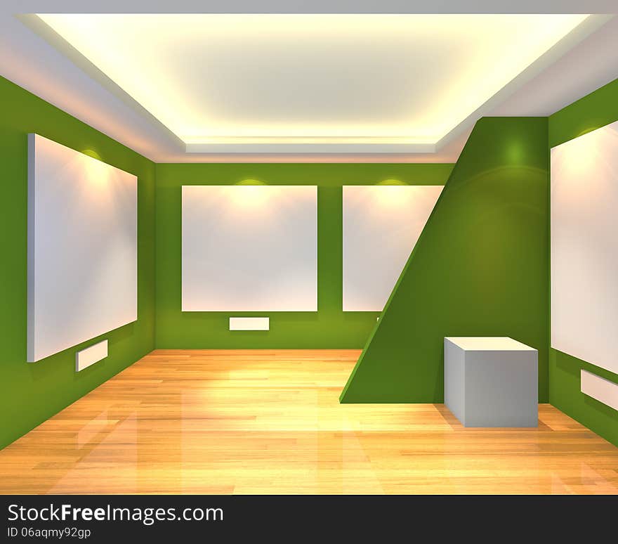 Empty room interior with white canvas on a green wall in the gallery. Empty room interior with white canvas on a green wall in the gallery.