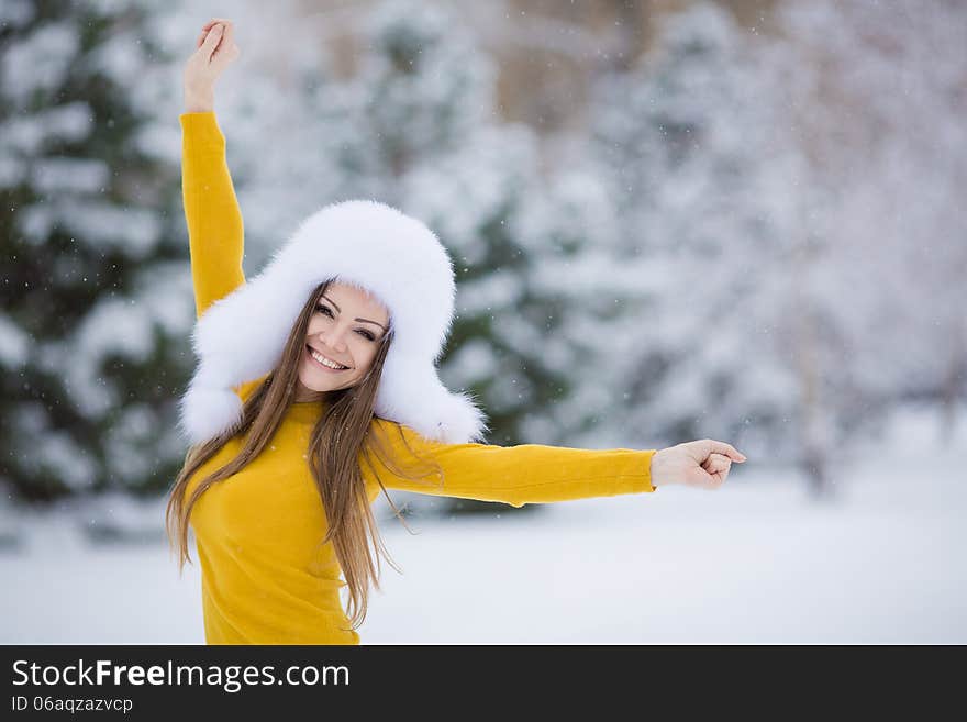 Christmas new year snow winter beautiful girl in white hat nature