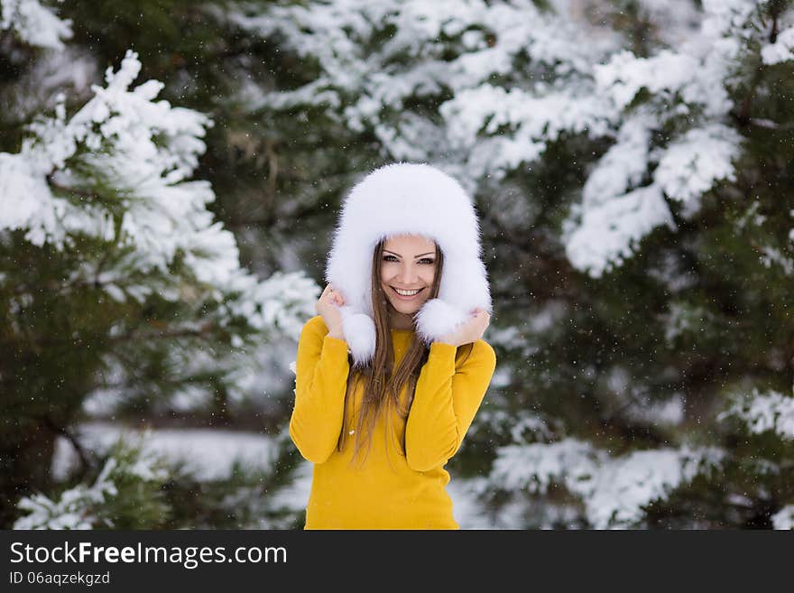 Christmas New Year Snow Winter Beautiful Girl In White Hat Nature