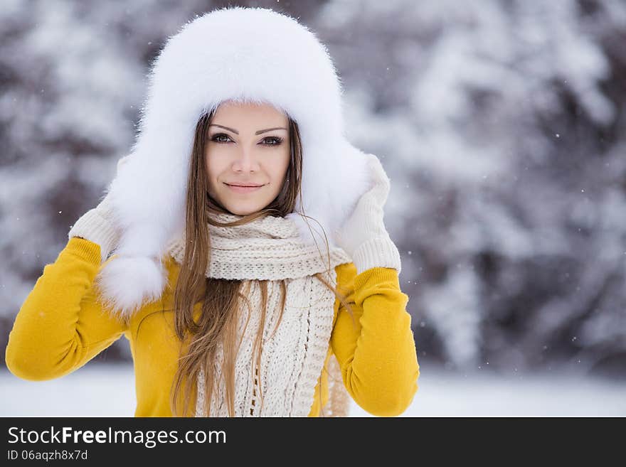 Christmas new year snow winter beautiful girl in white hat nature