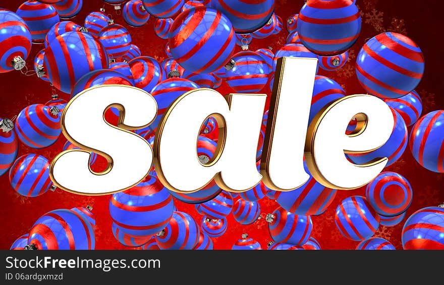 Sale on red background with blue christmas ornaments