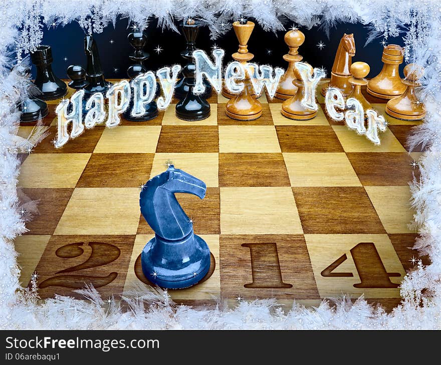 New Year's composition of 2014 from chessmen with a dark blue wooden horse. New Year's composition of 2014 from chessmen with a dark blue wooden horse