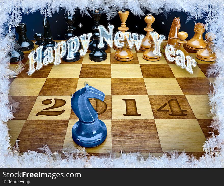 New Year's composition of 2014 from chessmen with a dark blue wooden horse. New Year's composition of 2014 from chessmen with a dark blue wooden horse