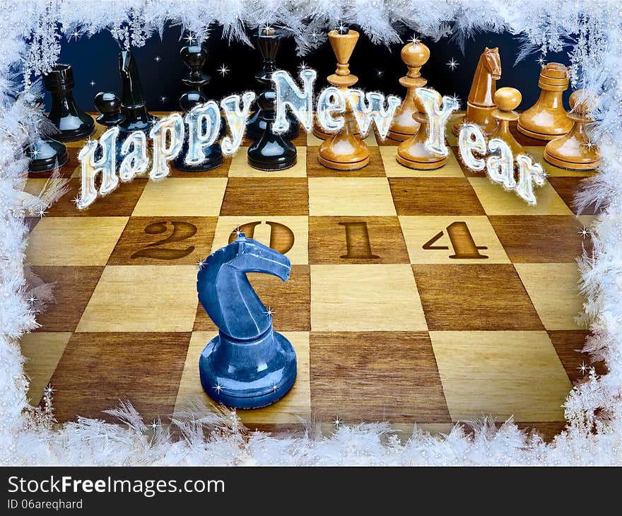 New Year's composition of 2014 from chessmen with a dark blue wooden horse. New Year's composition of 2014 from chessmen with a dark blue wooden horse