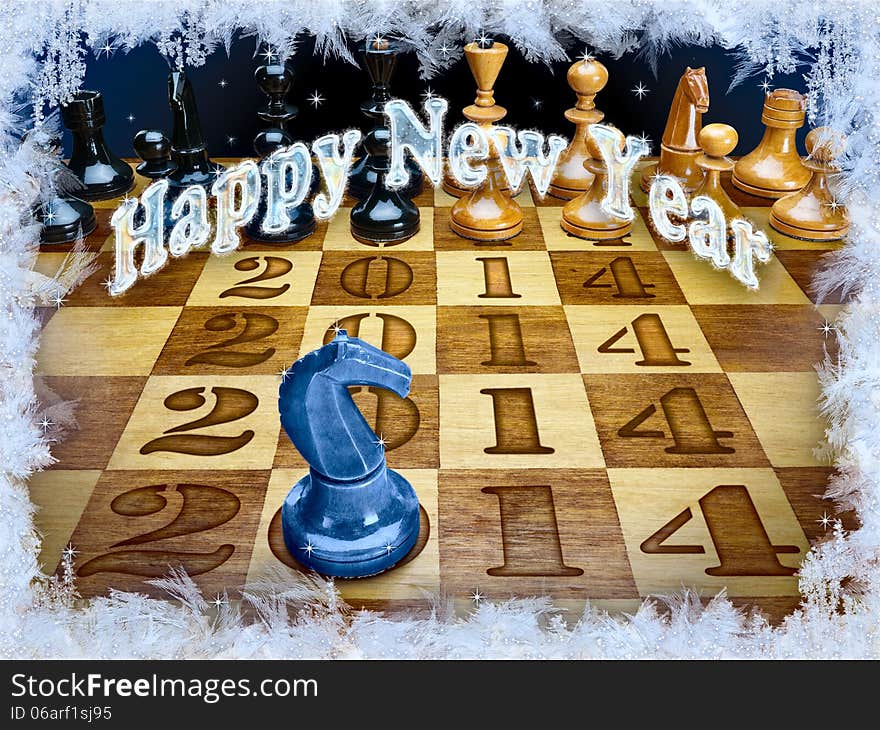 New Year's composition of 2014 from chessmen with a dark blue wooden horse. New Year's composition of 2014 from chessmen with a dark blue wooden horse