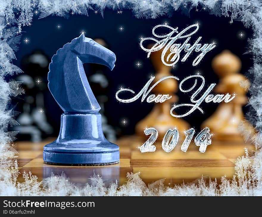 New Year's composition of 2014 from chessmen with a dark blue wooden horse. New Year's composition of 2014 from chessmen with a dark blue wooden horse