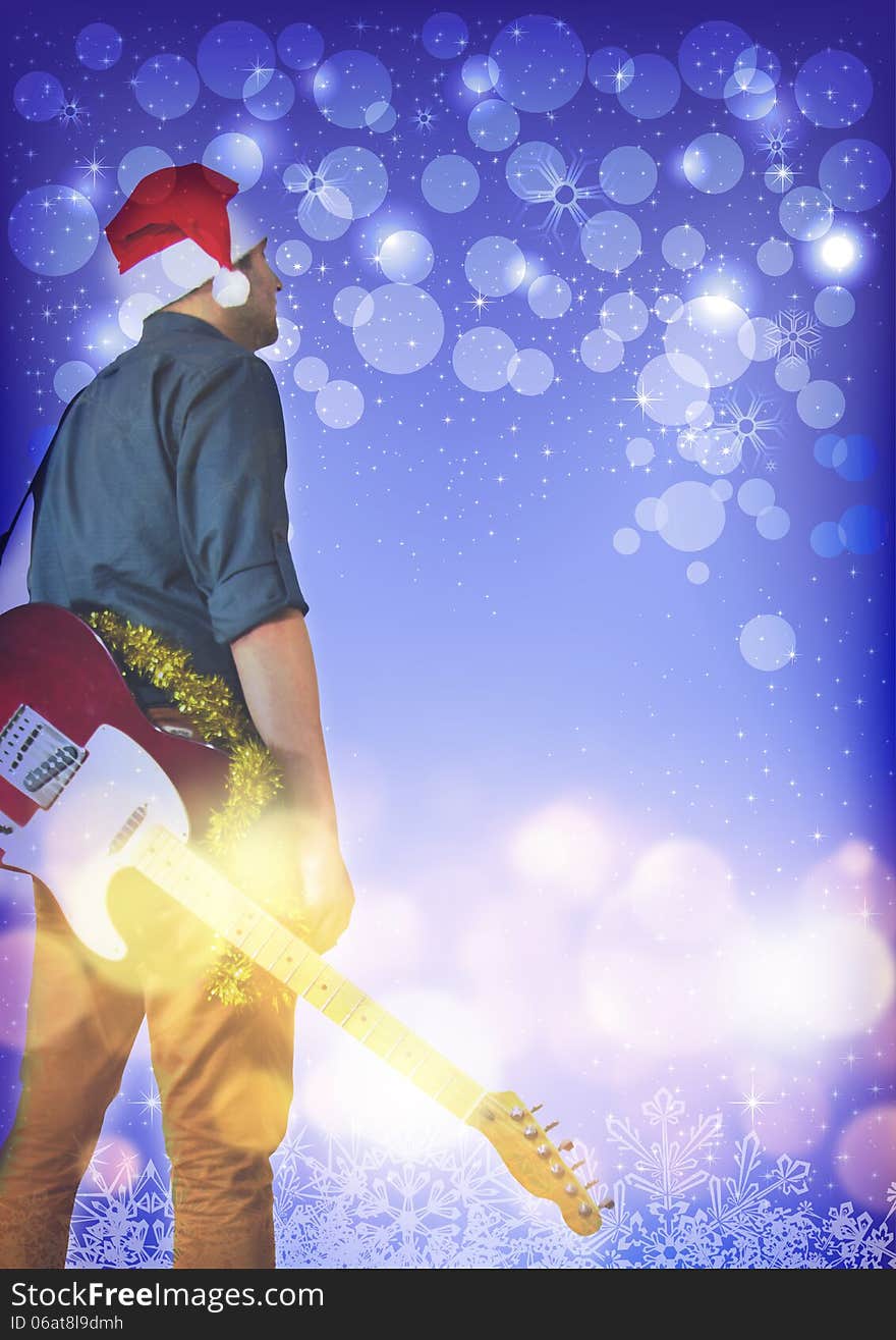 New Year background poster with guitarist man.