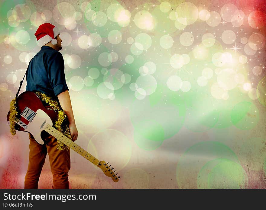 New Year background poster with guitarist man.