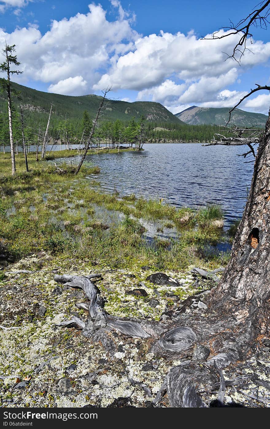 Water summer landscape surrounding the river Suntar in the Highlands of Oymyakon, Yakutia, Russia. Water summer landscape surrounding the river Suntar in the Highlands of Oymyakon, Yakutia, Russia.