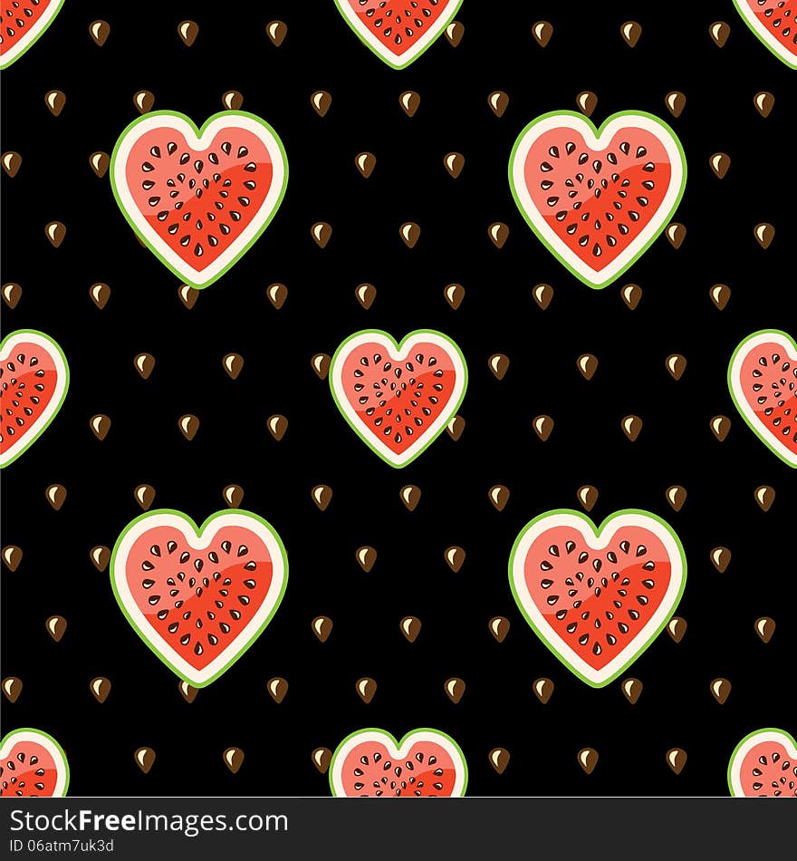 Halves of watermelon and seeds on a black background.Seamless pattern. Fabric ornament.Vector. Halves of watermelon and seeds on a black background.Seamless pattern. Fabric ornament.Vector