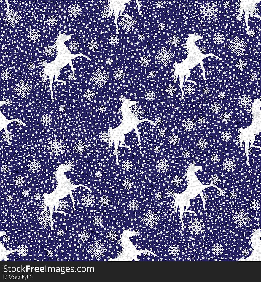 Vector winter white snowy and silhouette of a horses seamless pattern or background. Snowflakes, horses, and background lie on different layers.Vector. Vector winter white snowy and silhouette of a horses seamless pattern or background. Snowflakes, horses, and background lie on different layers.Vector