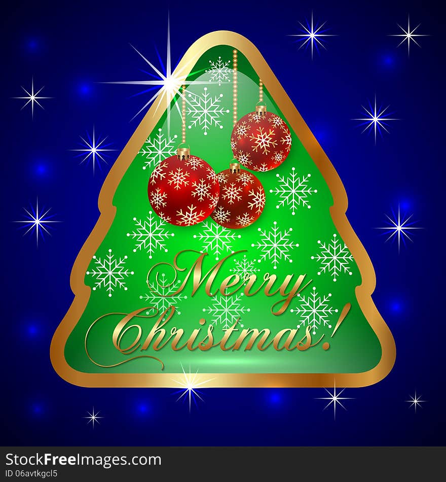 Vector Glass Christmas Tree with Ball and Snowflakes On Blue Background