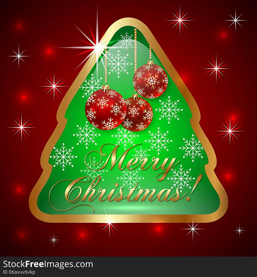 Vector Glass Christmas Tree with Ball and Snowflakes On Red Background