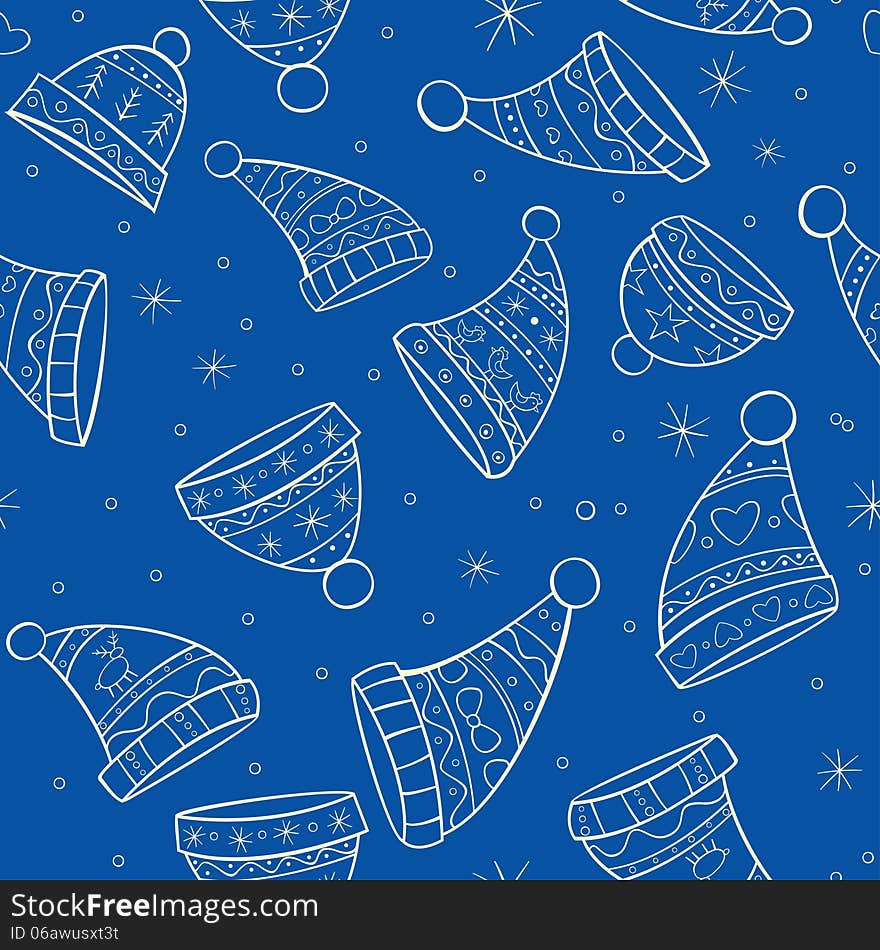 Winter seamless pattern with hats on blue background with snow