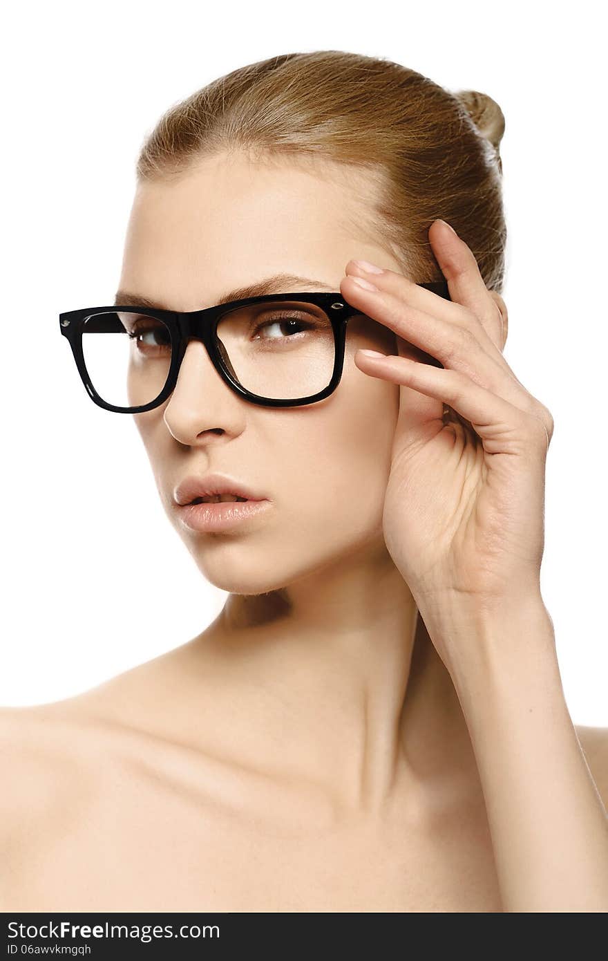 Portrait of attractive caucasian smiling woman isolated on white studio with glasses