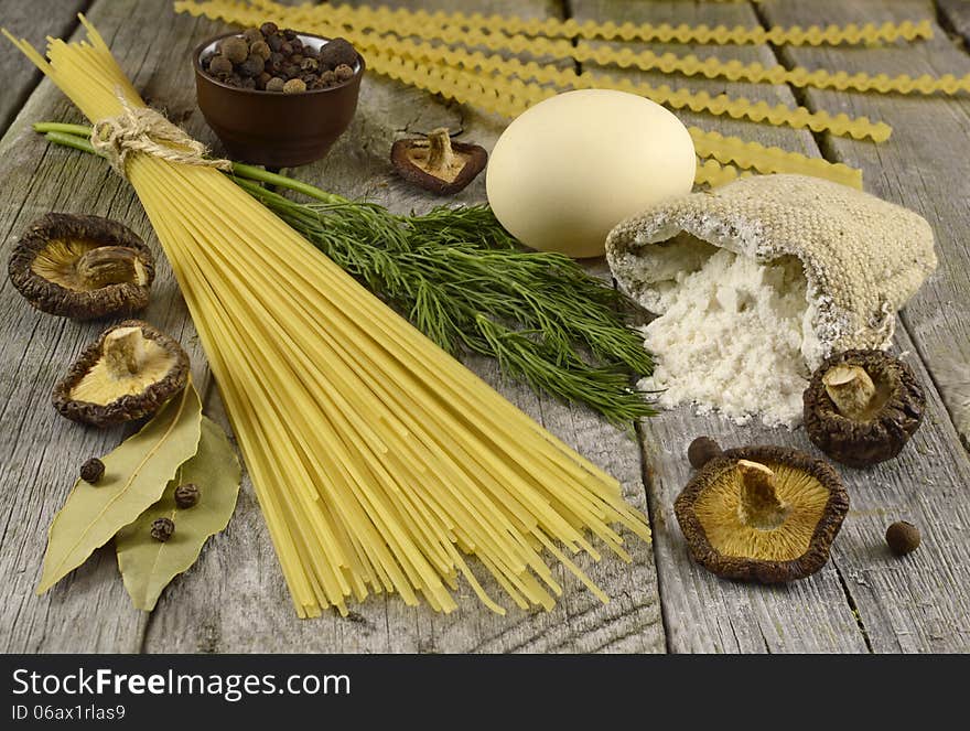 Macaroni and mushrooms still life