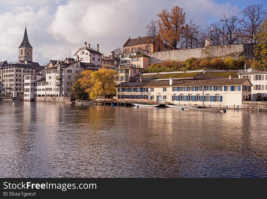 Zurich, Switzerland - the Limmat river in autumn. Zurich, Switzerland - the Limmat river in autumn