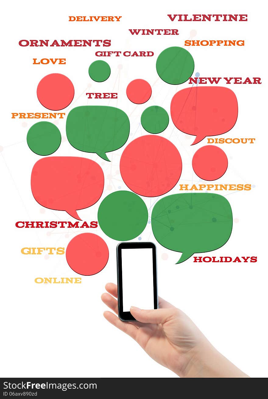 Hand holding smartphone colorful bubbles/buttons floating of it with online shopping text. Hand holding smartphone colorful bubbles/buttons floating of it with online shopping text.