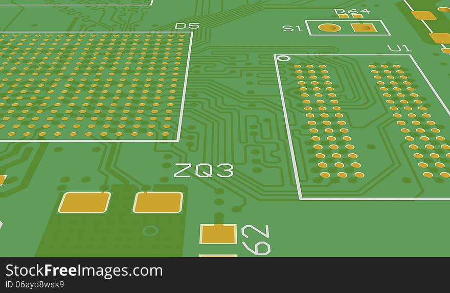 PCB green without elements. Chip suite.