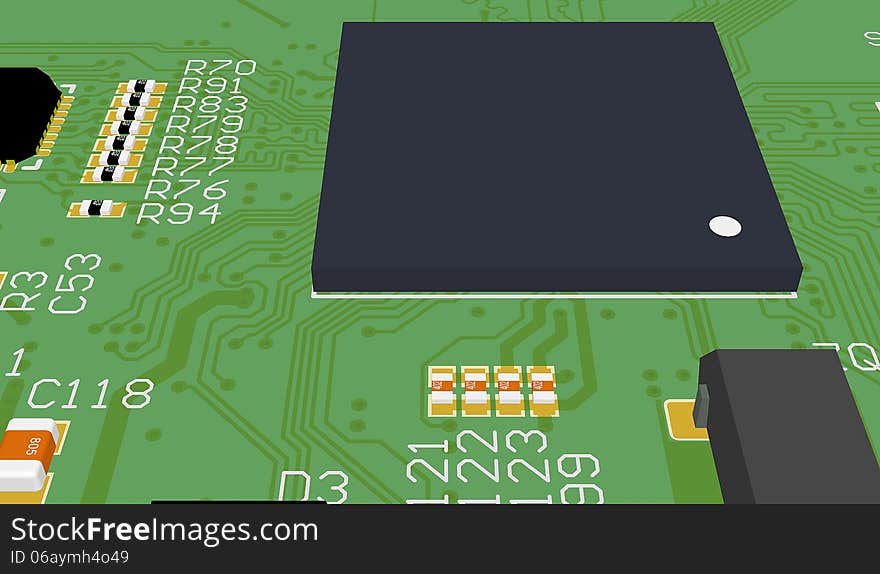 PCB green with elements. Chip suite.