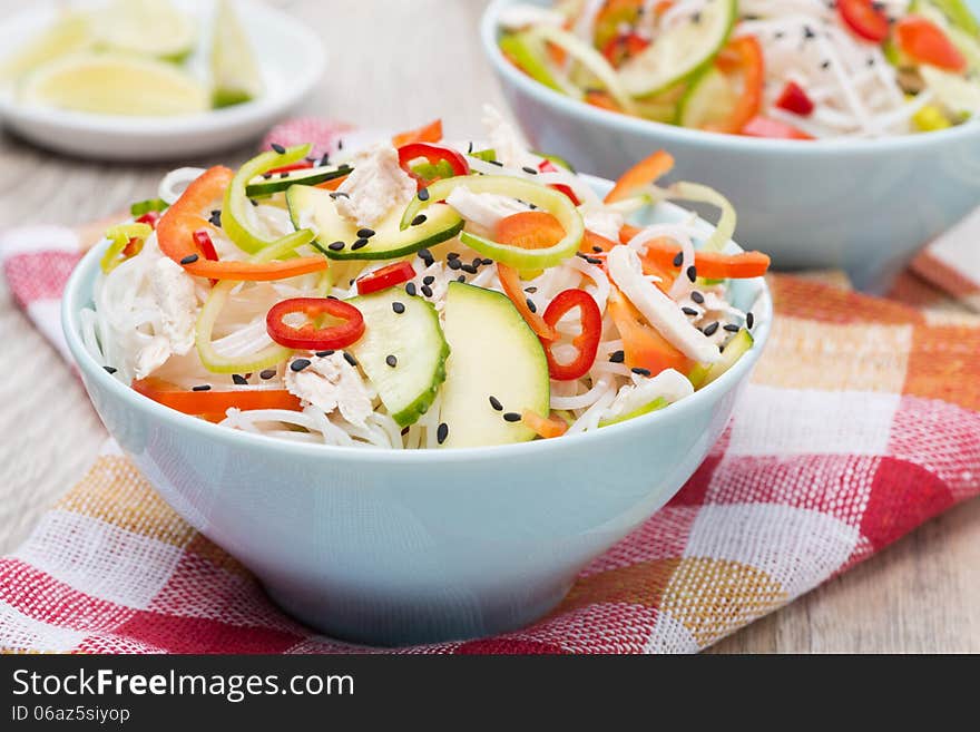 Delicious Thai Salad With Vegetables, Noodles And Chicken