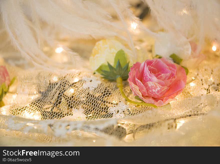 Pink roses on white lace