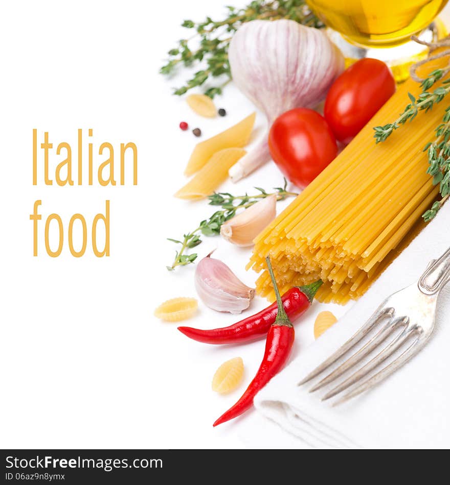 Pasta and ingredients, isolated on white background