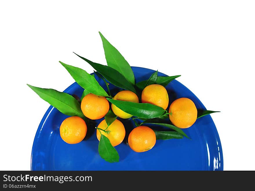 Mandarins on a dark blue plate - isolated object white background